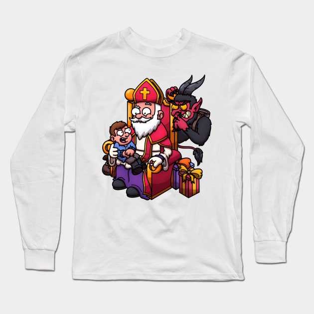 Kid On Lap Of Saint Nicholas While Krampus Is Stalking Long Sleeve T-Shirt by TheMaskedTooner